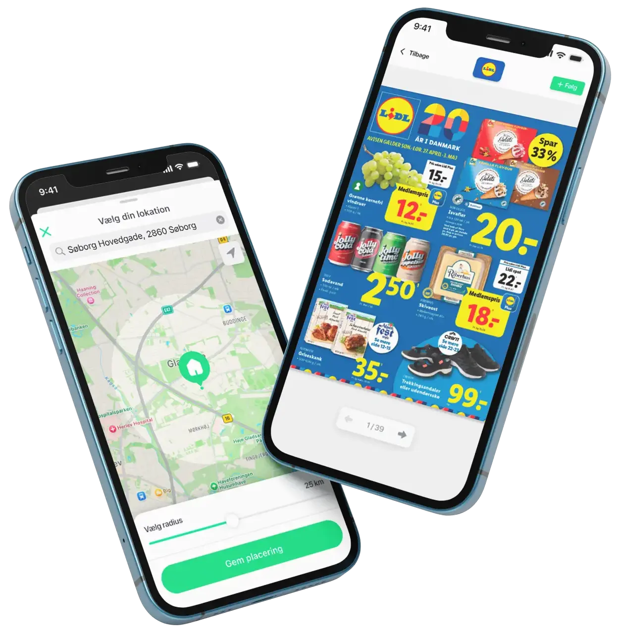 To smartphones der viser MineTilbud-app med valg af placering og digital tilbudsavis fra Lidl