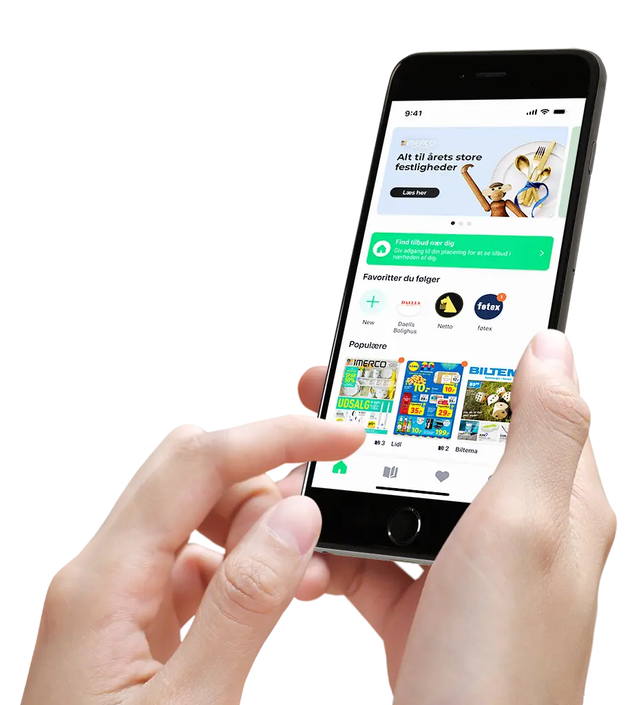 Bruger der navigerer i MineTilbud-appen med tilbudsaviser fra danske butikker