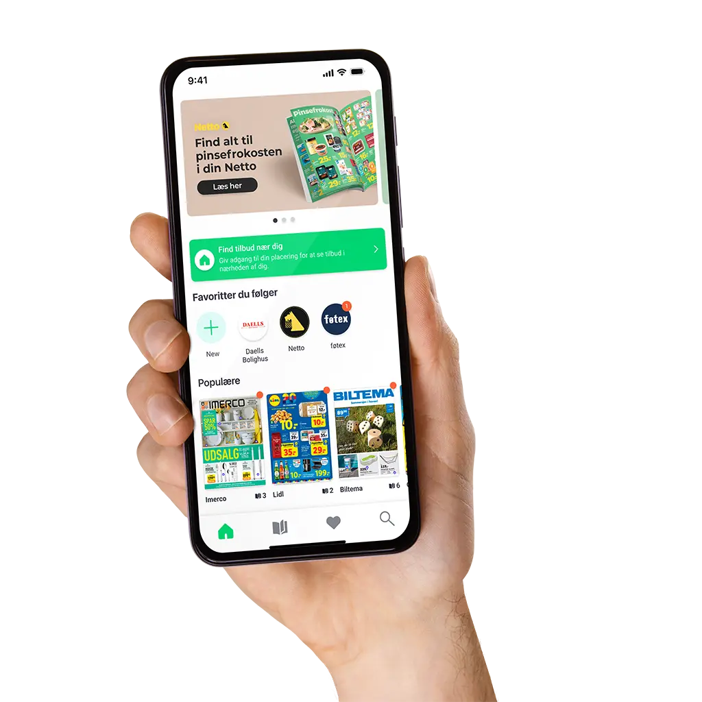Smartphone der viser MineTilbud-appen med tilbudsaviser fra Netto, Lidl og Biltema