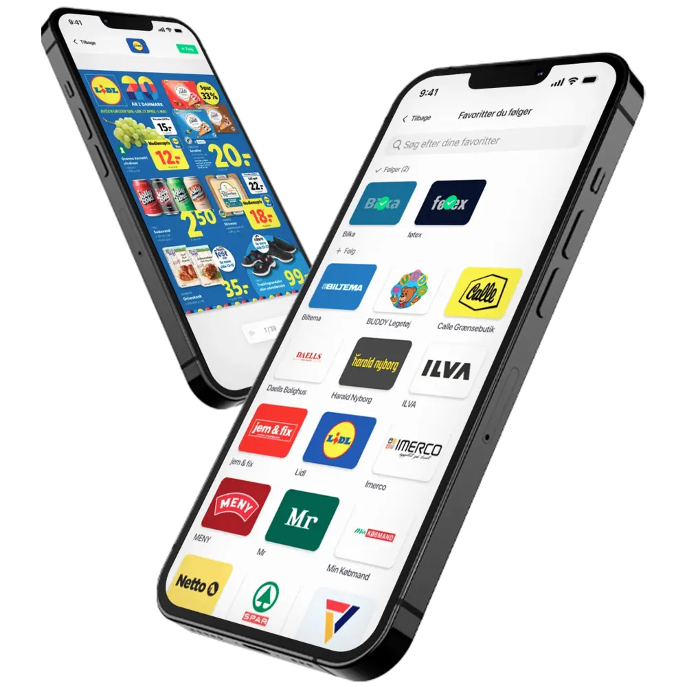 MineTilbud-app på mobil med tilbudsaviser og favoritbutikker som Lidl, Bilka og Føtex